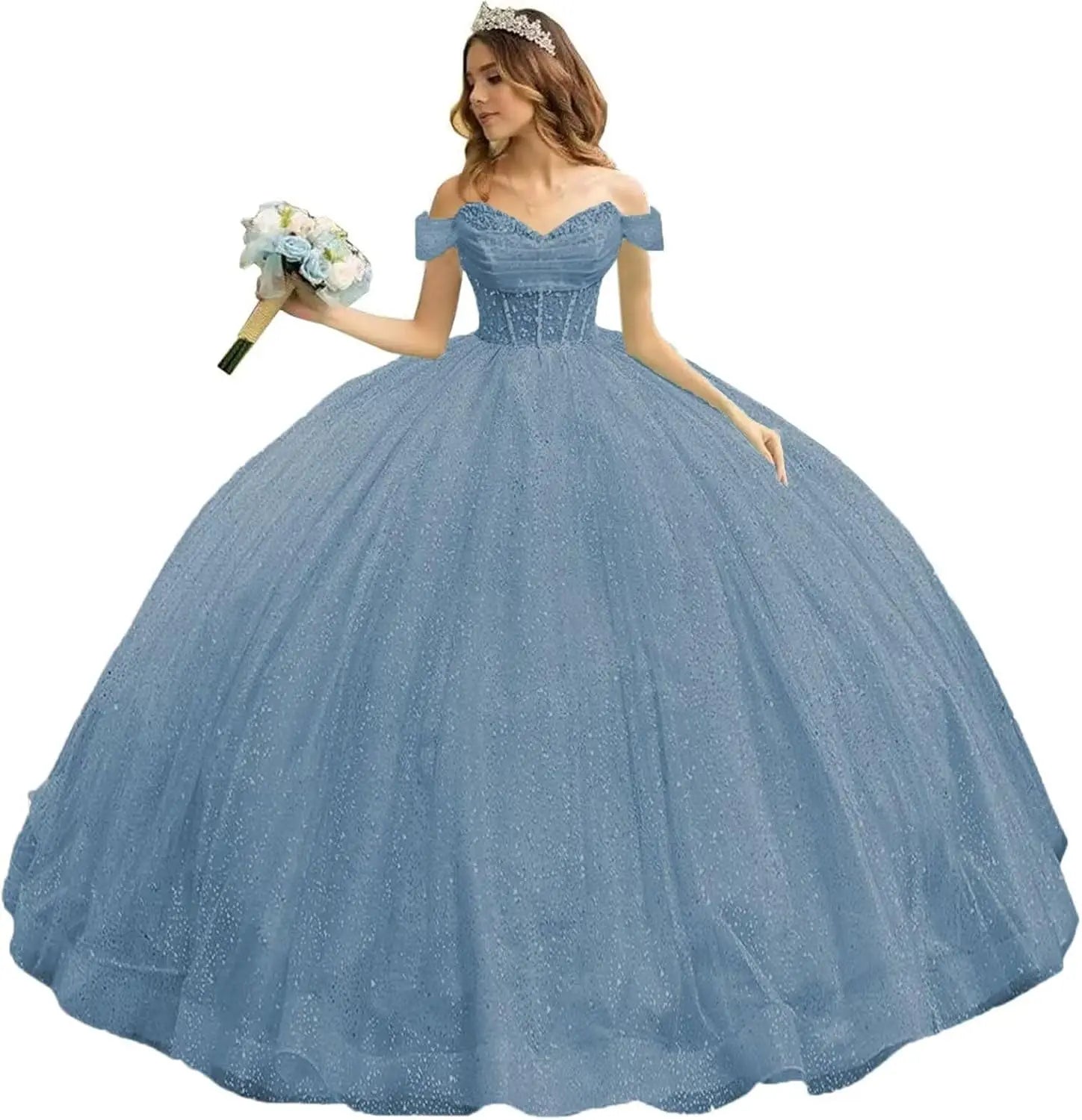 Tulle Quinceanera Dresses with Bow Puffy Off Shoulder Sweet 16 Dresses Sparkly Crystal Quince Dress with Train