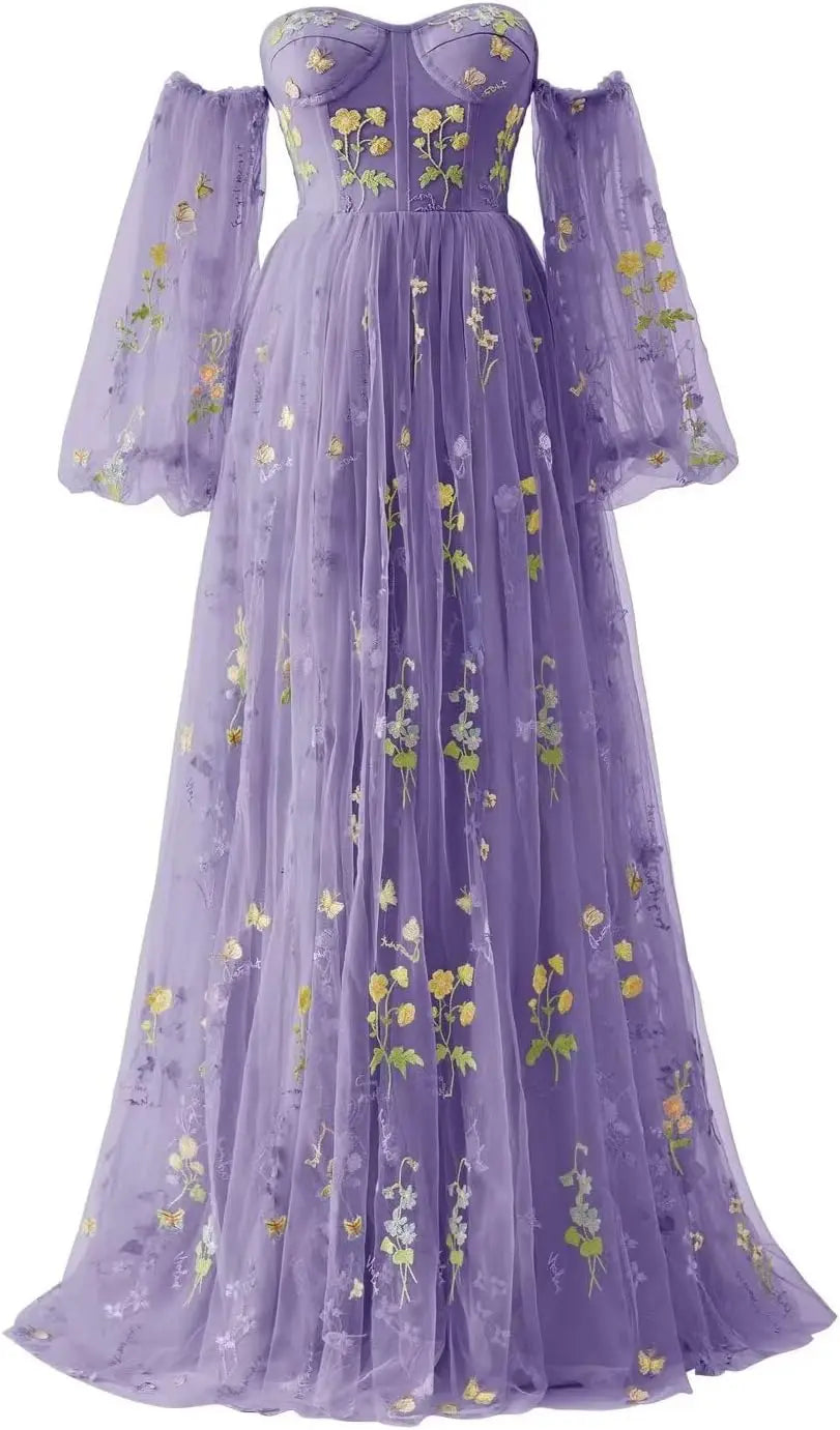 Puffy Sleeve Flower Embroidery Tulle Prom Dresses for Women Long A Line Fairy Maxi Formal Evening Party Gown Bridesmaid Dresses