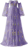 Puffy Sleeve Flower Embroidery Tulle Prom Dresses for Women Long A Line Fairy Maxi Formal Evening Party Gown Bridesmaid Dresses