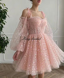 Hübsches Herz, kurzes Tüll-Heimkehrkleid für Teenager, Puffärmel, Mini-Spaghettiträger, formelles Abendkleid, Party-Cocktailkleid 