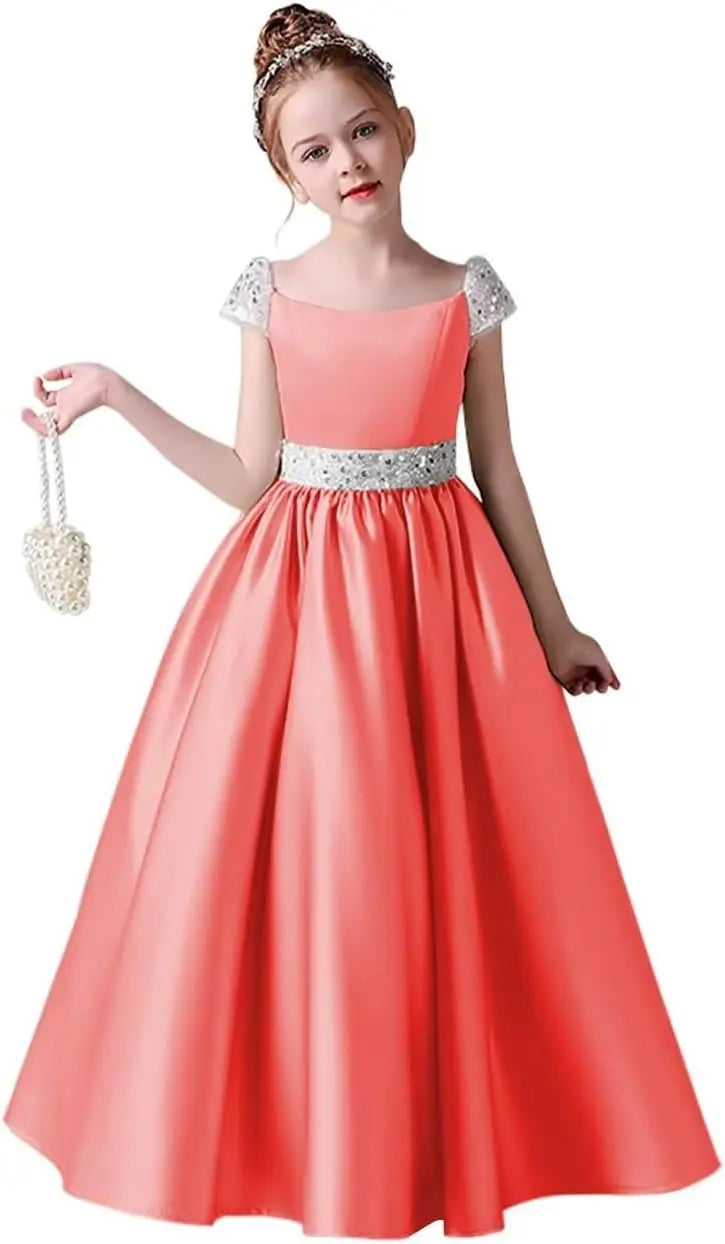 Festzugskleider für Mädchen, Satin, Blumenmädchenkleid, Flügelärmel, Ballkleid mit Pailletten, Prinzessinnenkleid für Geburtstagsparty, Festzugskleid für Mädchen 