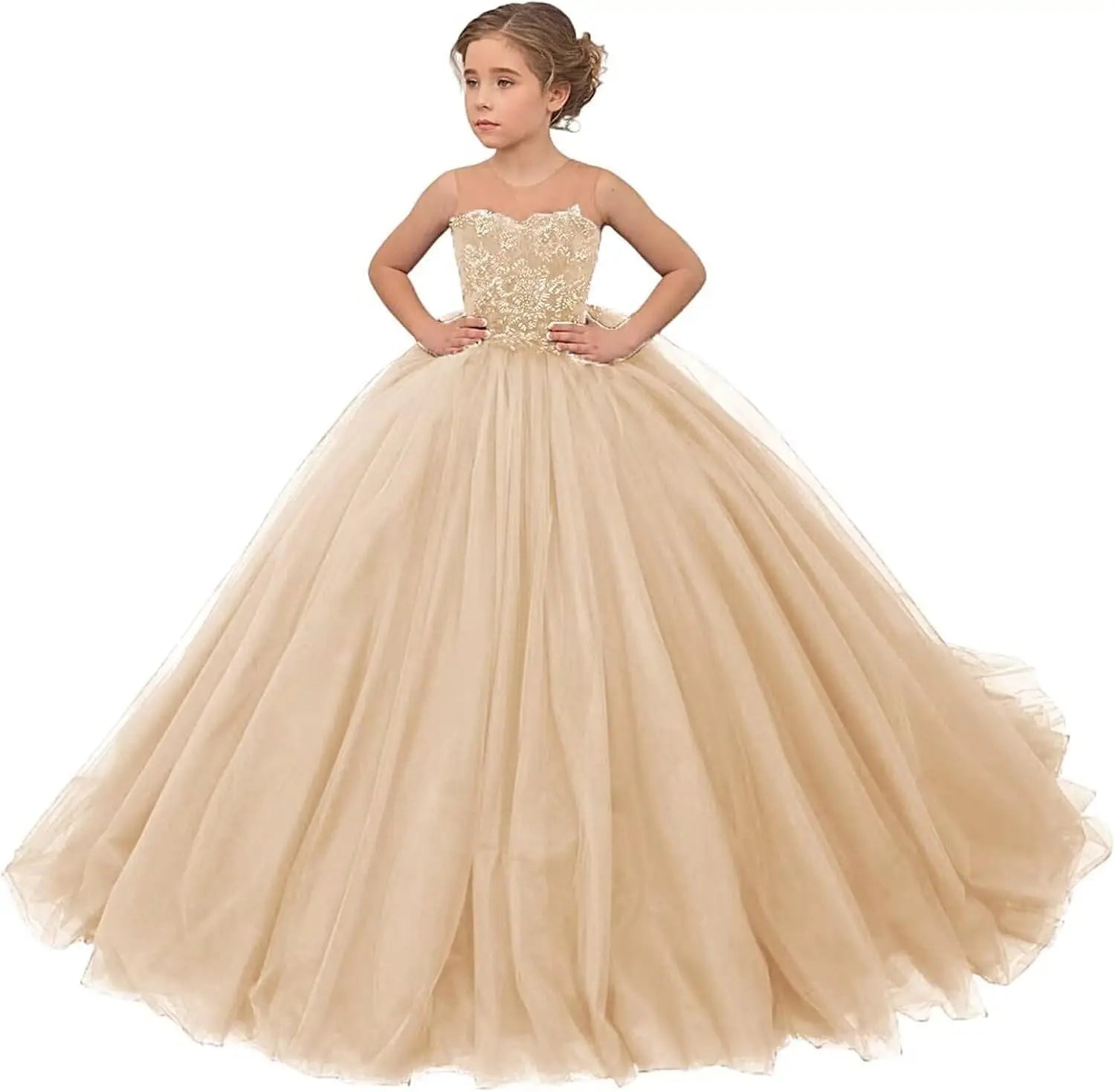 Tulle Flower Girls Dresses Lace Appliques Long Formal Princess Wedding Pageant Ball Gowns for Children
