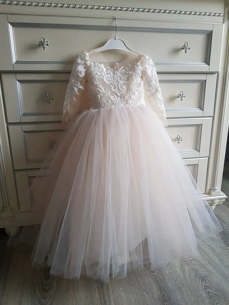 Vestido de niña de flores de tul para fiesta de bodas, vestido de primera comunión, vestido de tutú de encaje con cola, vestido de baile de niña, apliques de marfil con lazos 