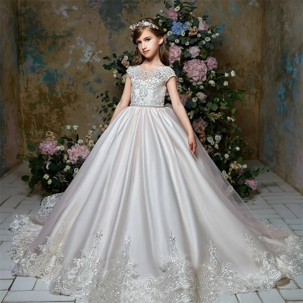 Baby Kids Birthday Party First Communion Dress Pageant Gowns White Flower Girl Dress For Wedding Satin Sequins Princess