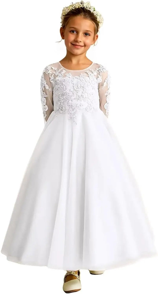 Tulle Lace Appliques Flower Girl Dresses for Wedding Long Sleeve Pageant Dress First Communion Dresses for Girls