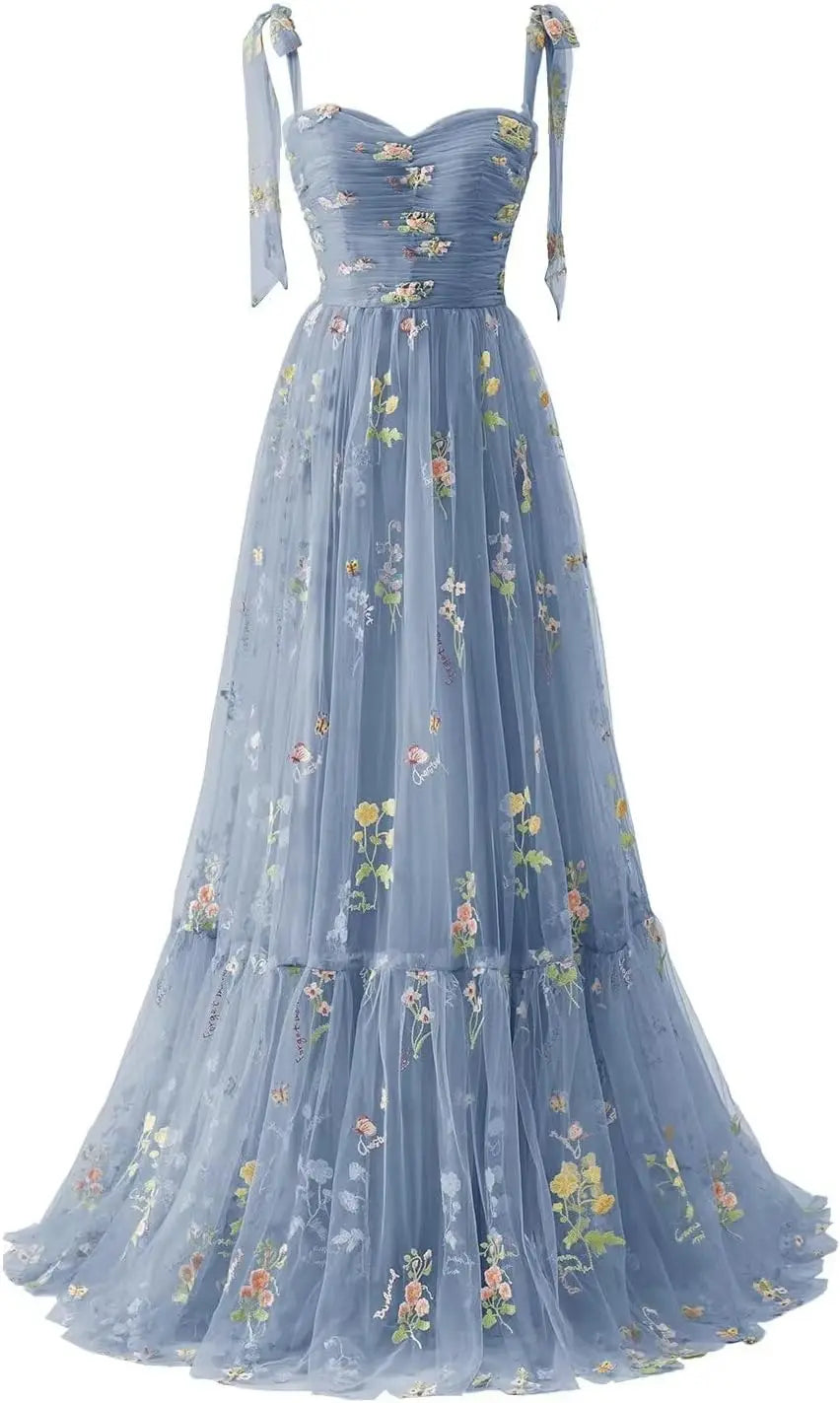 Women's Flower Embroidery Tulle Prom Dresses Corset Long Spaghetti Strap Fairy Ruched Formal Evening Party Gown Bridesmaid Dress