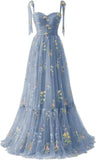 Women's Flower Embroidery Tulle Prom Dresses Corset Long Spaghetti Strap Fairy Ruched Formal Evening Party Gown Bridesmaid Dress