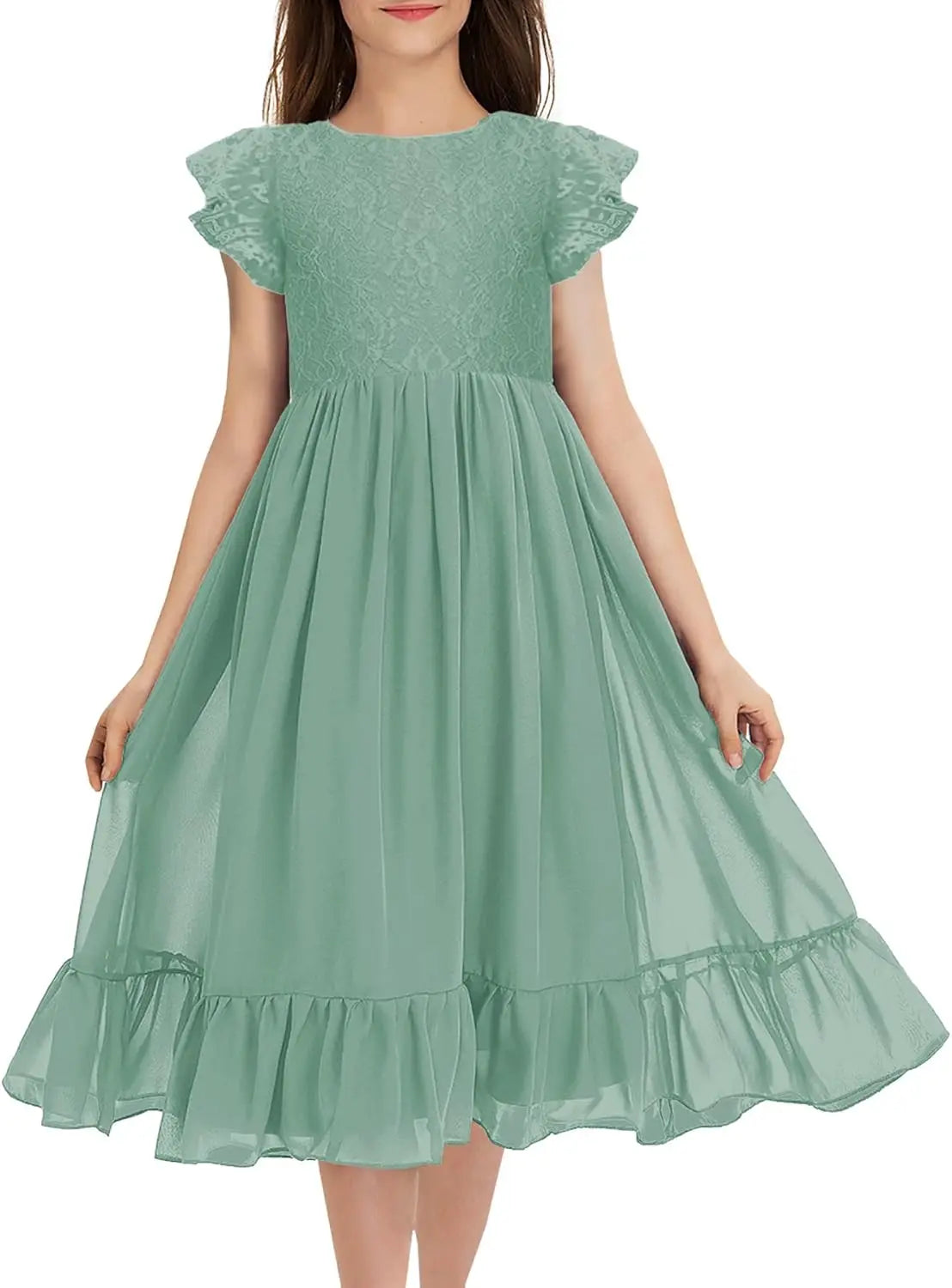 Girls Elegant Lace Flower Crew Neck Ruffle Chiffon A-Line Flowy Birthday Party Midi Dress ball gown  princess dress