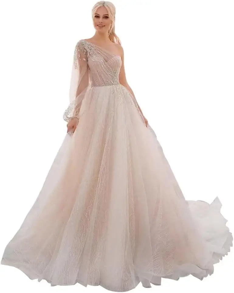 One Shoulder Appliques Tulle Prom Dresses Glitter Ball Gown Wedding Dress Princess Formal Gown