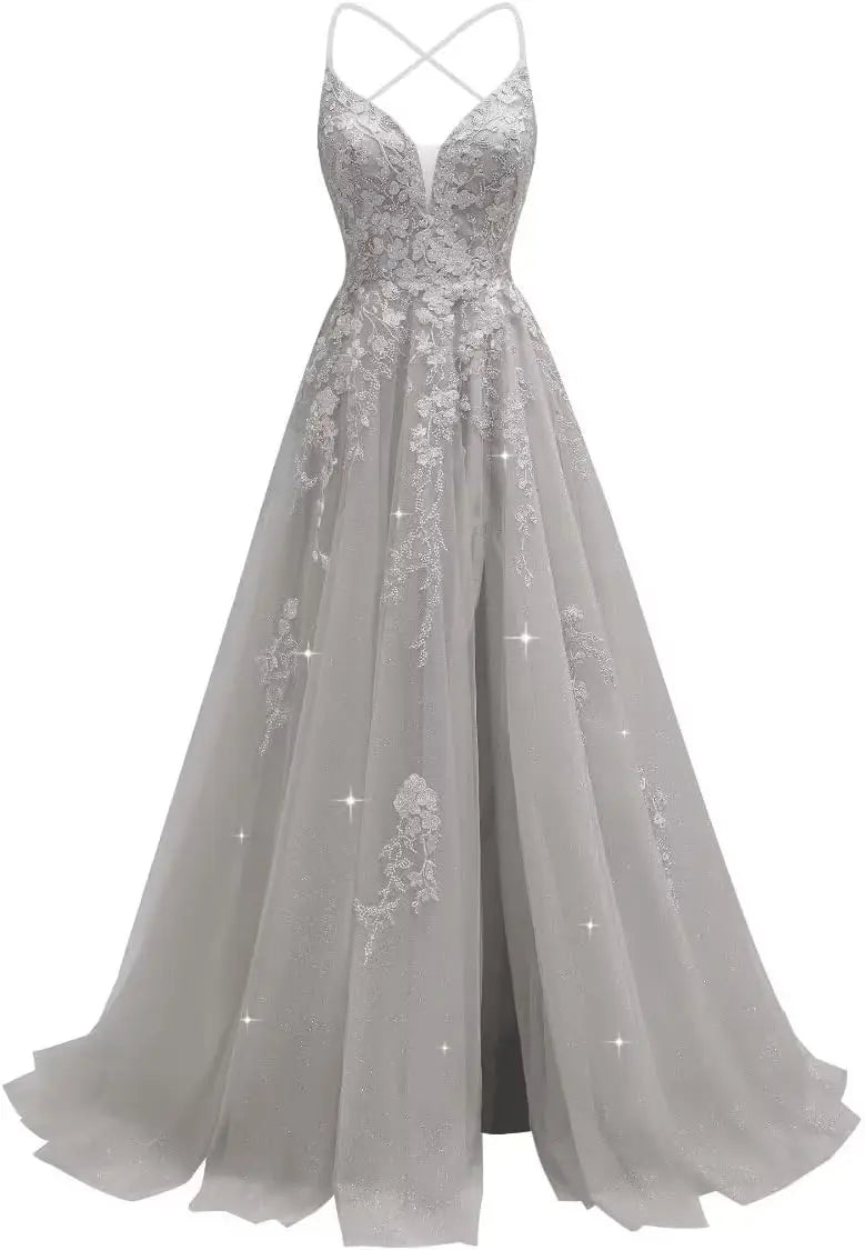 Tüll-Spitzen-Applikationen, Ballkleid, langes Ballkleid für Damen, Spaghettiträger, Korsett, rückenfreies Abendkleid 