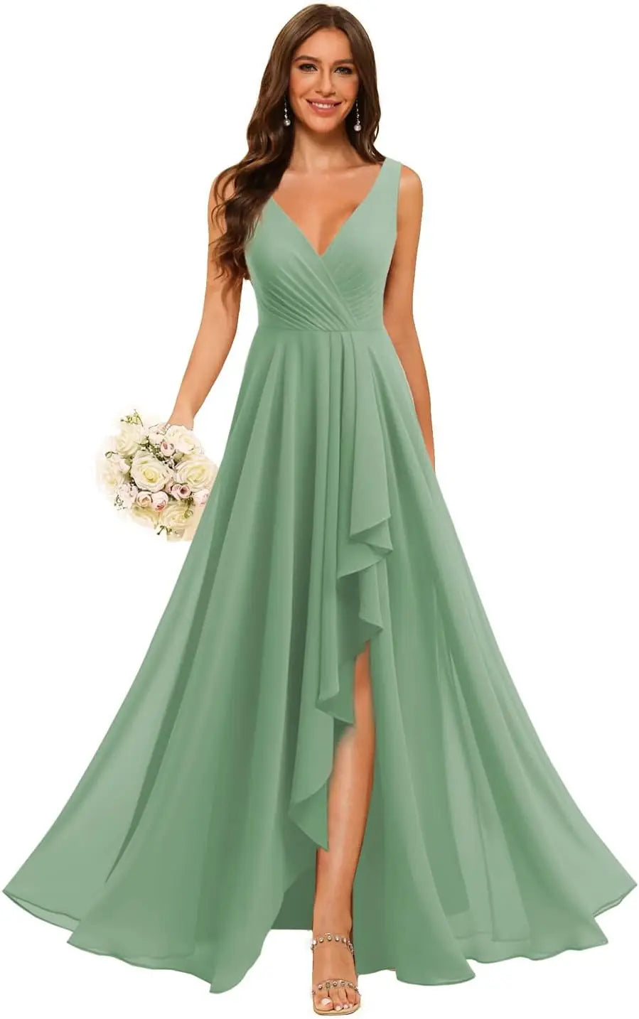 Women's V Neck Bridesmaid Dresses with Slit 2025 Chiffon A-line Formal Evening Gowns with Pockets bridesmaid dress for weddings