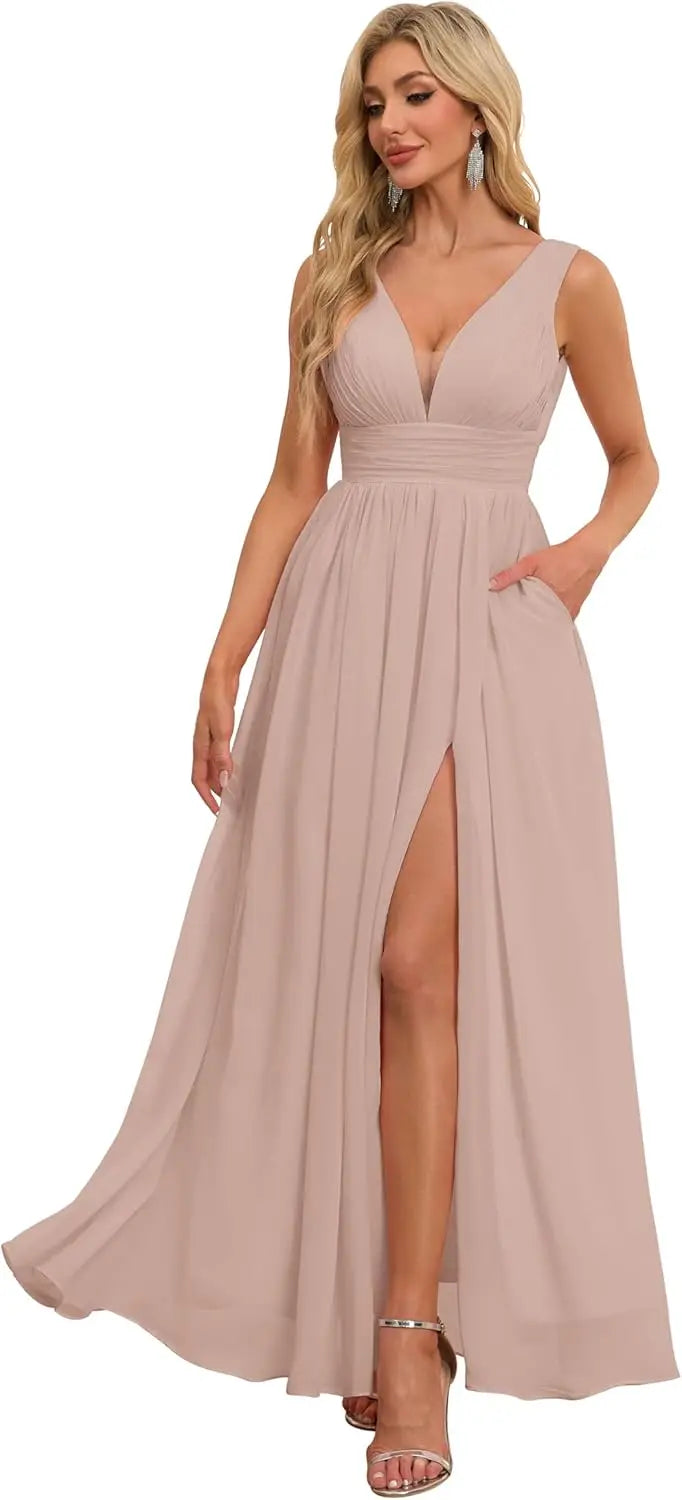 Vestidos de dama de honor con abertura y escote en V, vestidos de fiesta, línea A, plisados, para invitada de boda con bolsillos 