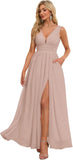 Vestidos de dama de honor con abertura y escote en V, vestidos de fiesta, línea A, plisados, para invitada de boda con bolsillos 