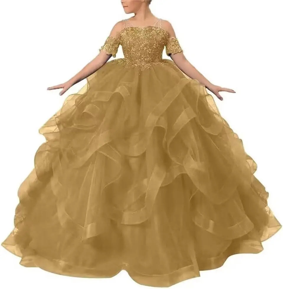 Vestidos de desfile de princesas para niñas de flores 2026 con encaje bordado, tallas grandes, tul en capas, vestidos de primera comunión para niñas. 