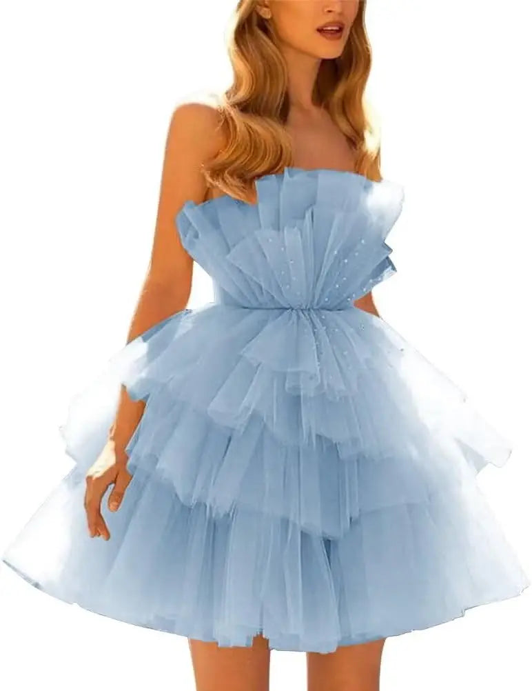 Vestidos de fiesta de tul con hombros descubiertos, abullonados, cortos, sin tirantes, de malla, con volantes, formales, para cóctel o gala 
