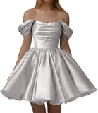 Vestidos de fiesta de satén con hombros descubiertos para mujer, corte A, cortos, plisados, sin tirantes, para boda y fiesta. 