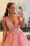 Tulle Prom Dresses for Women V Neck Applique Ball Gowns for Teens Women's Long Formal Evening Gowns with 3D Flower