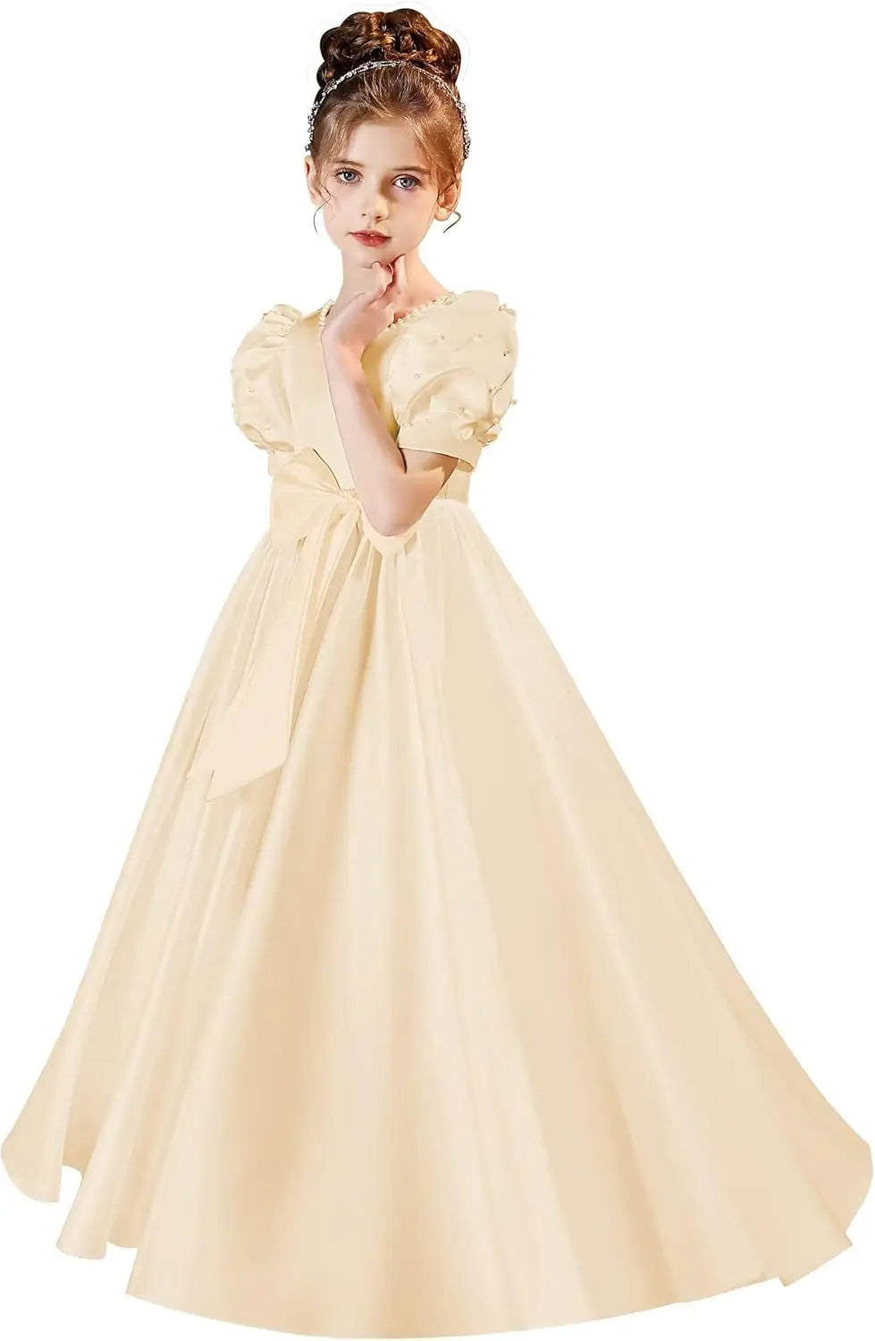 Satin First Communion Dress Flower Girl Dresses for Wedding Pearls Princess Pageant Dress with Bow-Knot