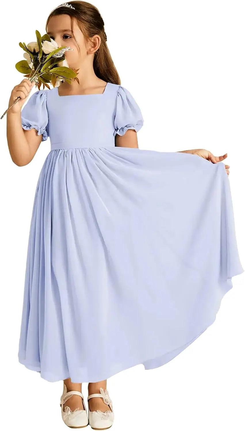 Long Chiffon Junior Bridesmaid Dresses for Wedding with Sleeve Formal Flower Girl Dress for Teens princess dress