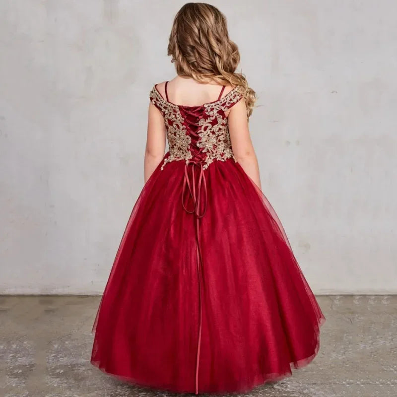 Vestidos de princesa para banquete de fiesta de cumpleaños, vestidos de niña de las flores personalizados, azul real, estampado dorado, apliques sin mangas para boda 