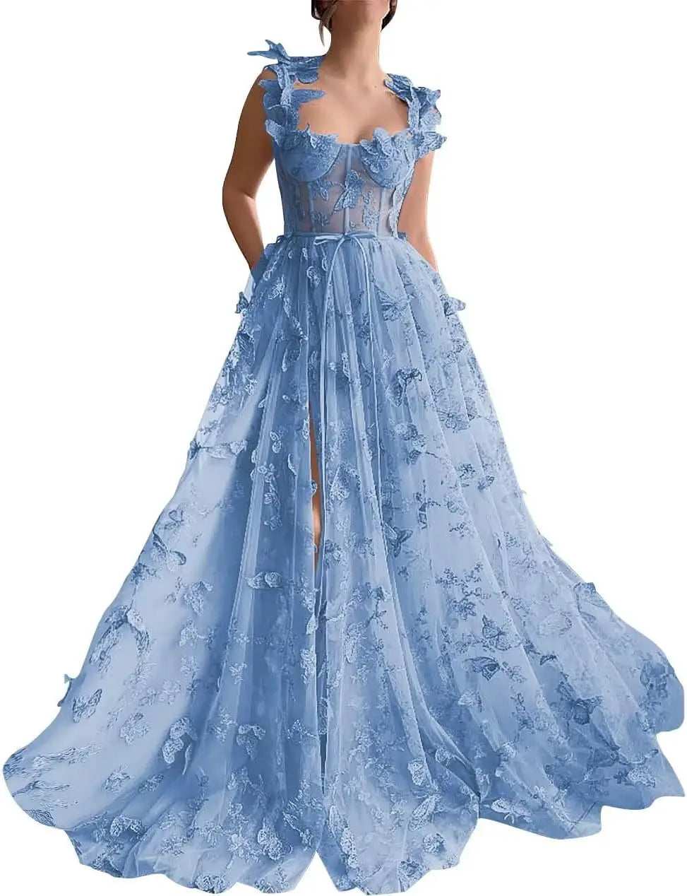 Women's 3D Butterfly Prom Dresses Tulle Ball Gown Fairy Corset Long Slit Lace Applique Formal Evening Dress party dresses