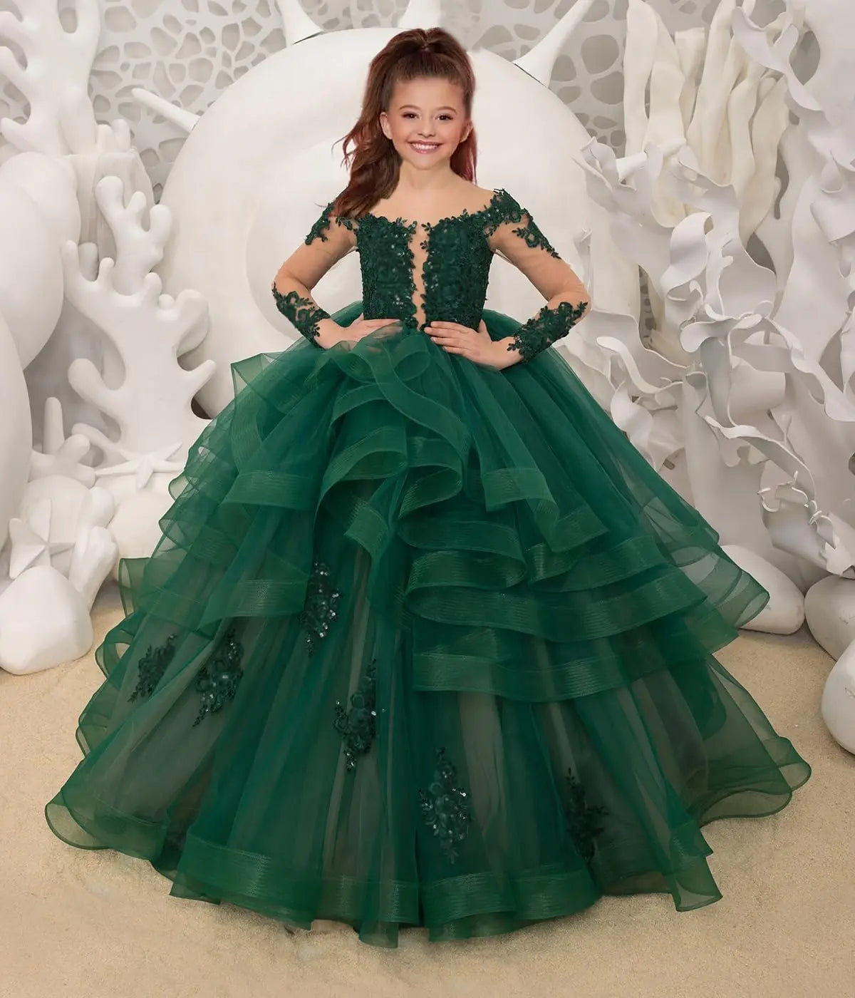 Custom made Princess Long Sleeve Flower Girl Dresses Appliques Ruffles Tulle Pageant Dresses for Girls Kids Party Ball Gowns