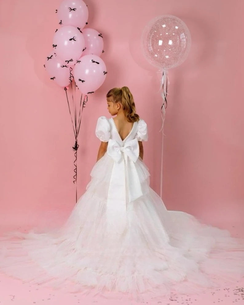 Bow girl Junior bridesmaid Satin flower girl dresses Pearl toddler party Dress with train Tulle Girl party princess dress
