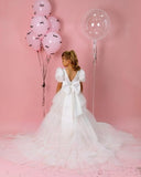 Bow girl Junior bridesmaid Satin flower girl dresses Pearl toddler party Dress with train Tulle Girl party princess dress