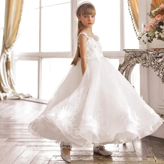 Vestido de niña de flores blanco marfil, vestido de desfile para boda, apliques de encaje, fiesta de cumpleaños infantil, vestidos de primera comunión personalizados 
