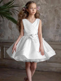 Pink Tulle Satin With Bow Sleeveless For Wedding Birthday Party Banquet First Communion Gowns Flower Girl Dresses