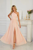 Women's One Shoulder Bridesmaid Dresses for Wedding Chiffon Side Split Reched Formal Evening Dress Sleeveless