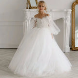 Birthday Party First Communion Gowns Flower Girl Dresses White Tulle Puffy Flower Pattern With Bow Long Sleeve For Wedding