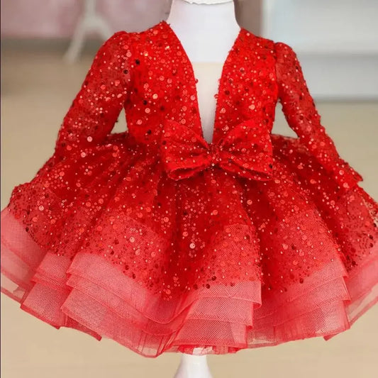 Bonitos vestidos de princesa para fiesta de bodas, personalizados, de organza brillante con lentejuelas y lazo, para niña de las flores. 