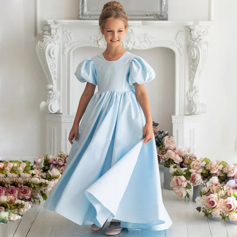 Himmelblau Satin mit Schleife Perlen Kurzarm für Hochzeit Geburtstag Party Prom Bankett Prinzessin Kleider Blumenmädchenkleider 