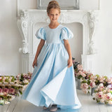 Himmelblau Satin mit Schleife Perlen Kurzarm für Hochzeit Geburtstag Party Prom Bankett Prinzessin Kleider Blumenmädchenkleider 