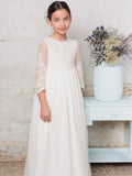 Weiße Satin-Spitzenapplikationen mit Schleife, 3/4-Ärmel für Hochzeit, Geburtstag, Party, Bankett, Prinzessinnenkleider, Blumenmädchenkleider 