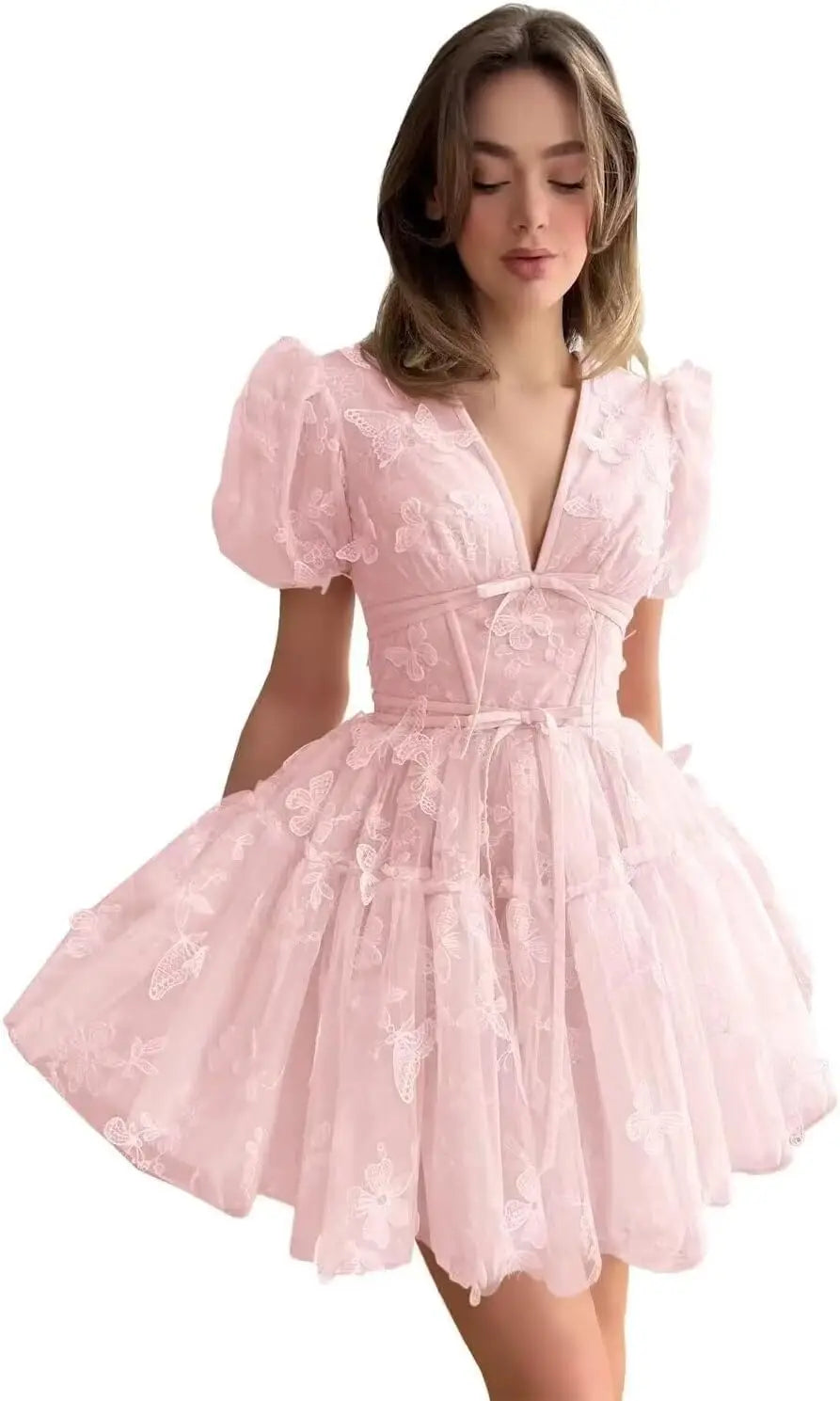 3D Butterfly Tulle Homecoming Dresses for Teens A-Line Short Sleeve Prom Cocktail Dress with Butterfly Appliques