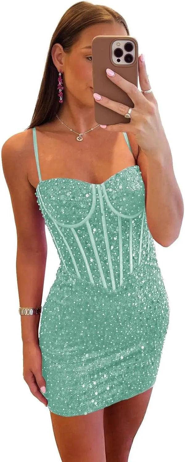 Vestidos de fiesta ajustados y cortos con lentejuelas brillantes para adolescentes, escote corazón y cuentas, vestidos de cóctel, vestidos de fiesta 