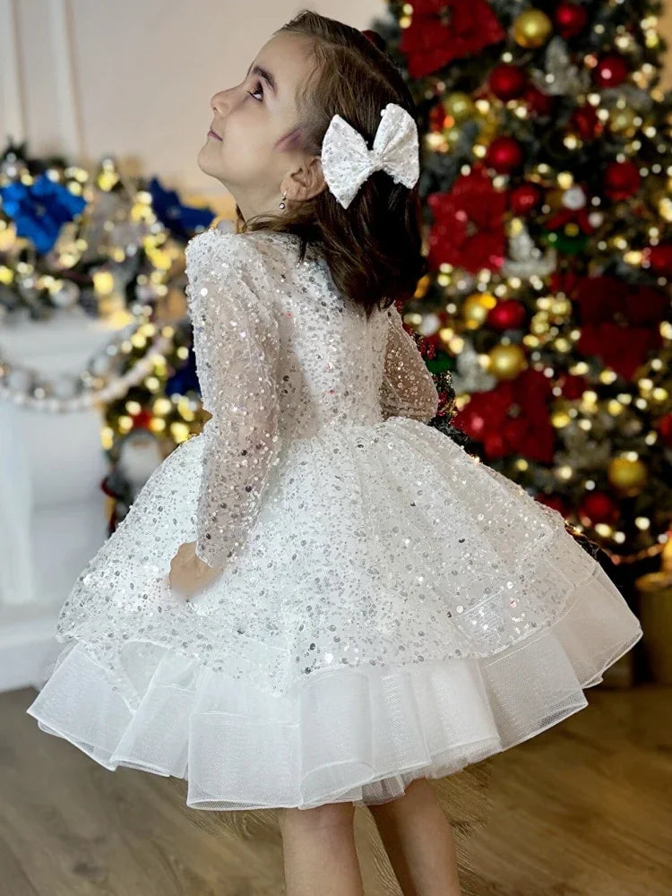 Vestidos de princesa de tul blanco con lentejuelas escalonadas y mangas largas para bodas, fiestas de cumpleaños, banquetes, vestidos de niña de las flores personalizados 