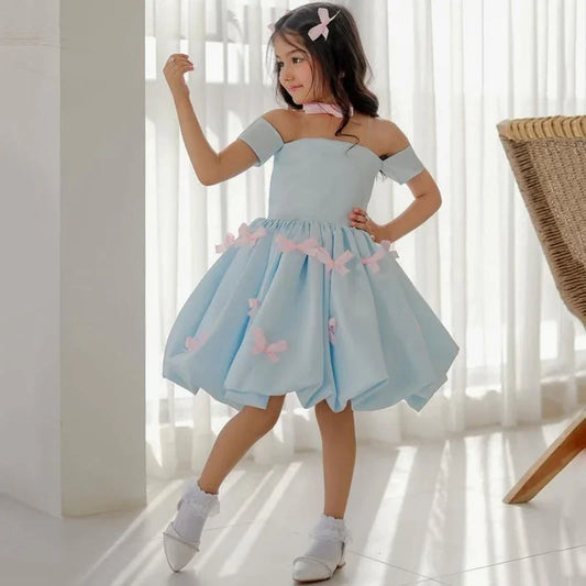 Vestido de princesa informal para banquete, personalizado, de satén con lazo rosa y manga corta para boda, fiesta de cumpleaños 