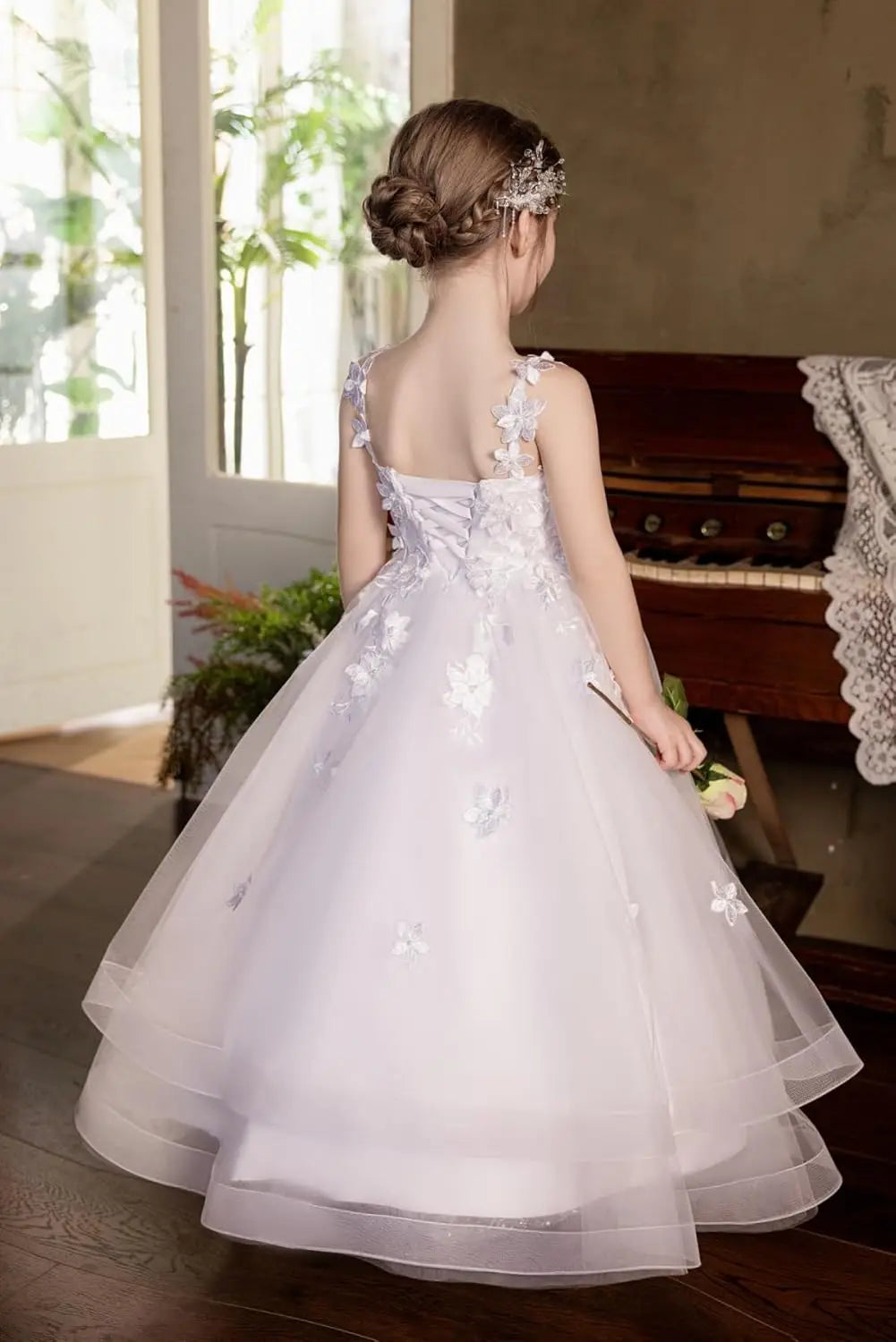First Communion Dresses for Girls Tulle Flower Girl Dress for Wedding 3D Flower Appliques Dress