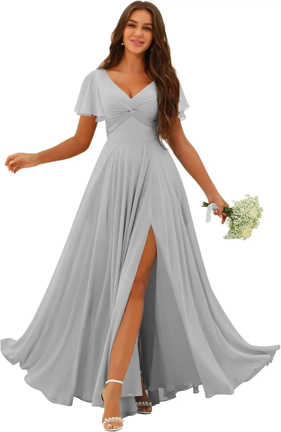 Custom Made Flutter Sleeves Split Bridesmaid Dresses with Slit Long V Neck Empire Waist Formal Evening Dress for Women Wedding