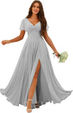 Custom Made Flutter Sleeves Split Bridesmaid Dresses with Slit Long V Neck Empire Waist Formal Evening Dress for Women Wedding