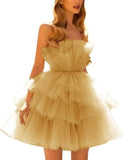 Vestidos de fiesta de tul con hombros descubiertos, abullonados, cortos, sin tirantes, de malla, con volantes, formales, para cóctel o gala 