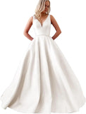 Satin A Line Wedding Dresses for Bride V Neck Prom Dresses with Pockets Simple Long Ball Gowns