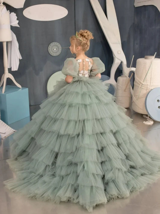 Vestidos de princesa con apliques de tul verde y blanco, de media manga y capas, para bodas, cumpleaños, banquetes, vestidos de niña de las flores personalizados. 