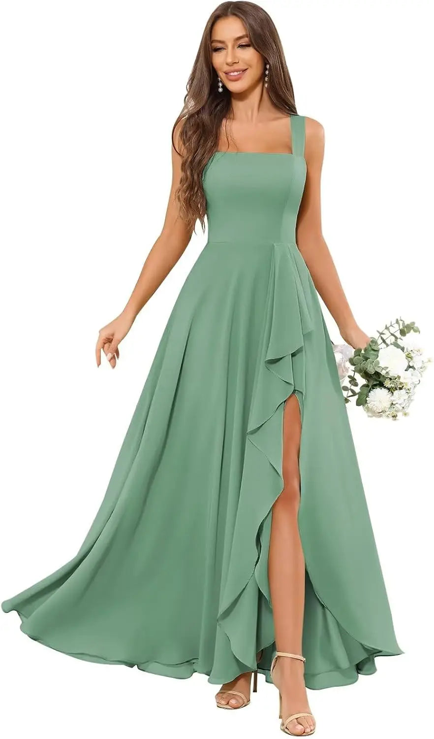 Chiffon Ruffle Bridesmaid Dresses for Women Square Neck Formal Evening Dress with Slit elegant dress women for wedding party