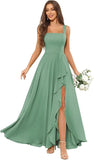 Chiffon Ruffle Bridesmaid Dresses for Women Square Neck Formal Evening Dress with Slit elegant dress women for wedding party