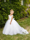 Ärmelloses, elegantes, langes Kommunions-Festzugskleid für kleine Mädchen, individuelles weißes Blumenmädchenkleid für Hochzeitsspitzenapplikationen 