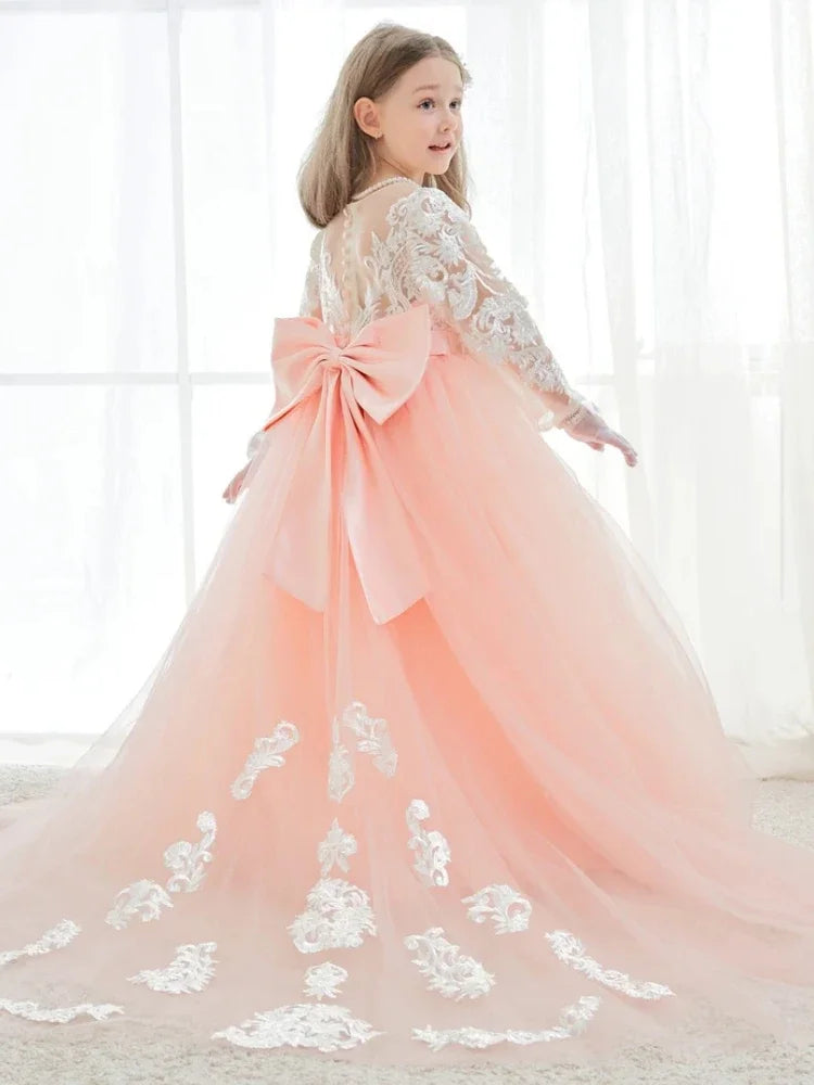 Vestidos de primera comunión para fiesta de cumpleaños, vestidos de niña de las flores de tul rosa, apliques blancos con cola y lazo, manga larga para boda 